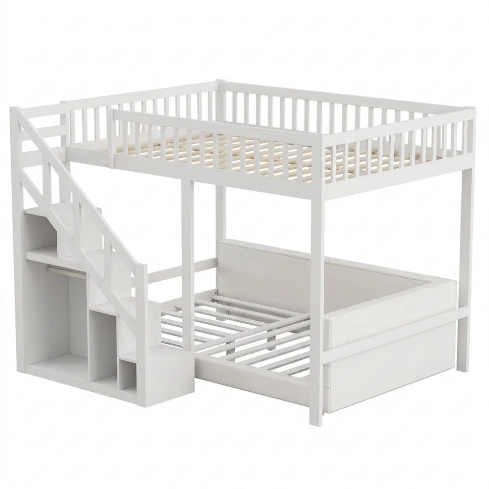 Zweistöckiges Kinderbett mit Treppe und Stauraum, Hochbett mit Fallschutz, Jugendbettgestell 90 x 200 cm