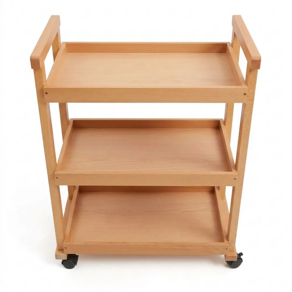 3-stöckiger Kunstbedarf-Organizer aus Buchenholz mit Lenkrollen