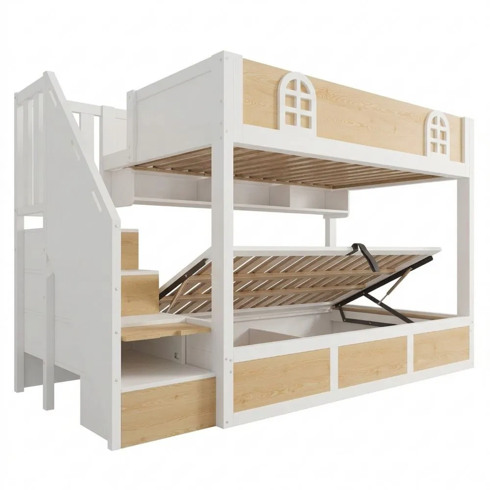 Robustes Etagenbett mit Stauraum und Rausfallschutz, 90x200 cm, weiße und natürliche Optik