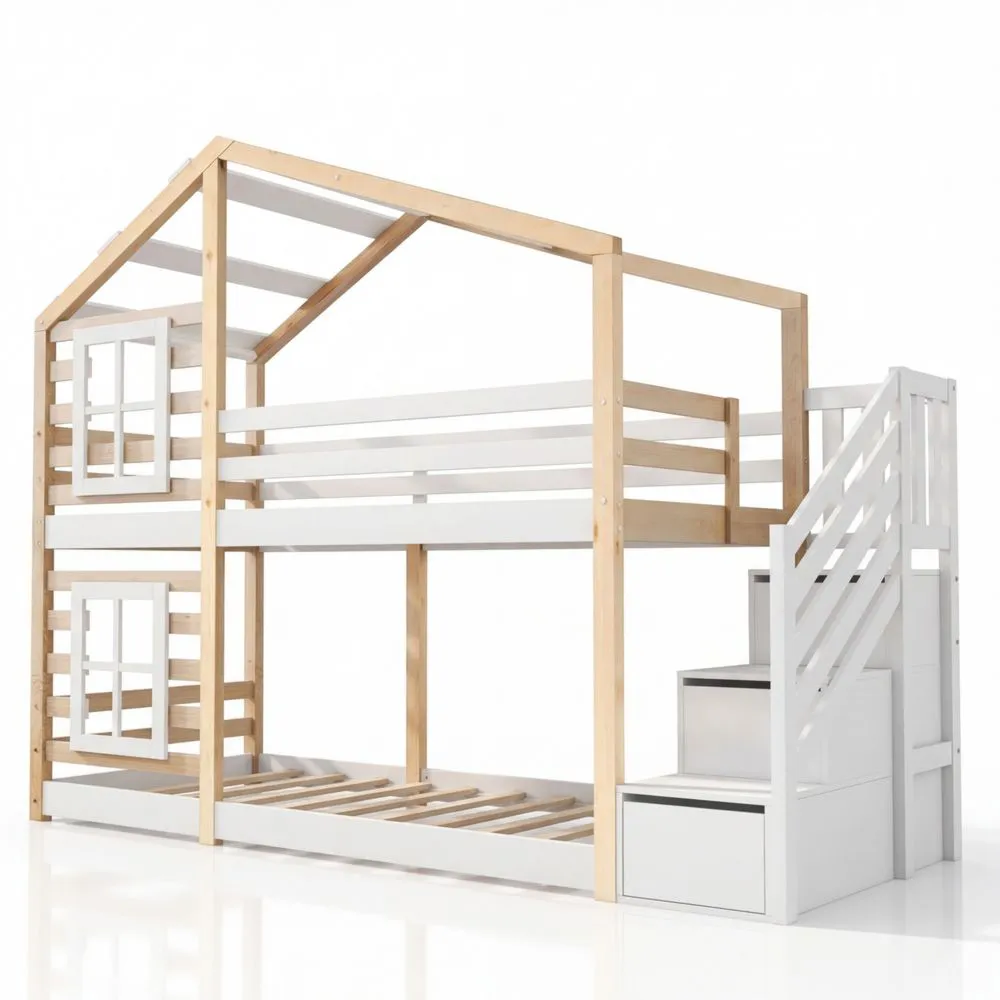 Kinder-Etagenbett 90x200 mit Stauraum und Rausfallschutz