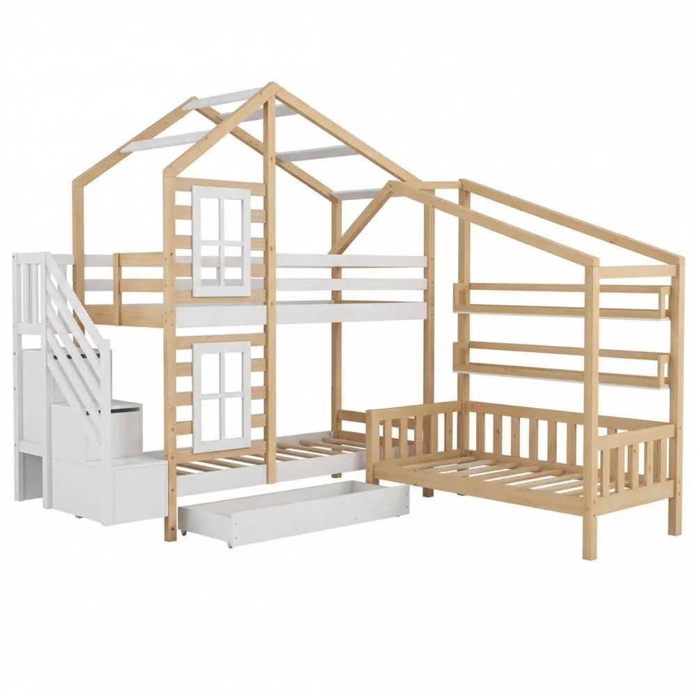 Holzbett für Kinder mit Stauraum und Lattenrost, Spielbett Doppelbett 90x200 cm und 140x70 cm