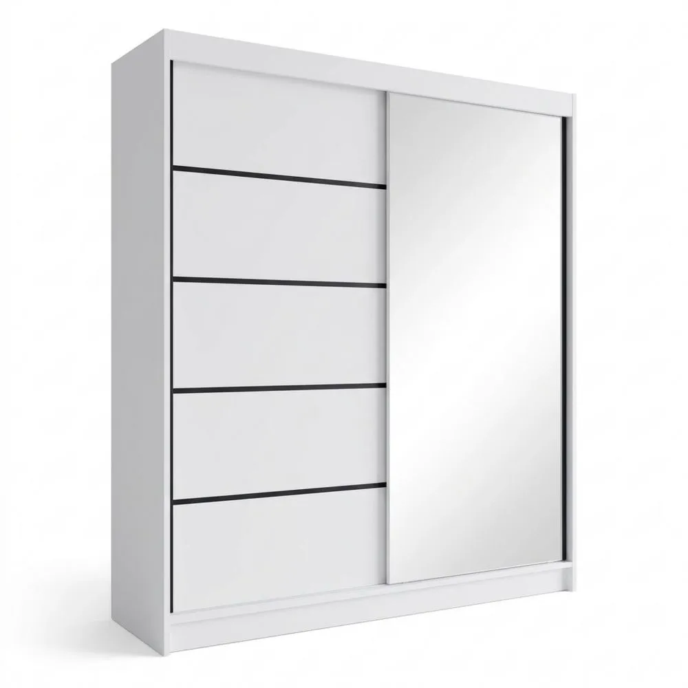 Großer Kleiderschrank mit Schiebetüren und Spiegel, 180 cm, Weiß