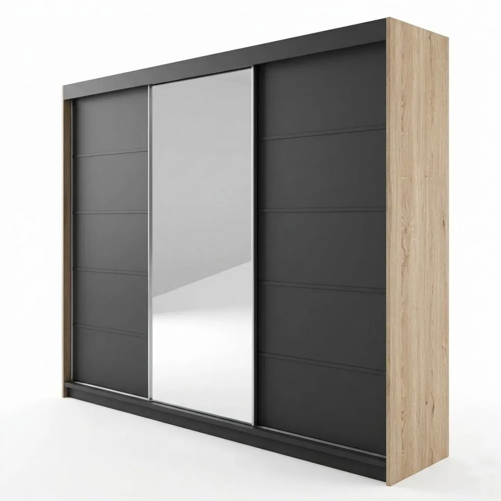 Geräumiger 3-türiger Schwebetürenschrank mit Spiegel und Schubladen