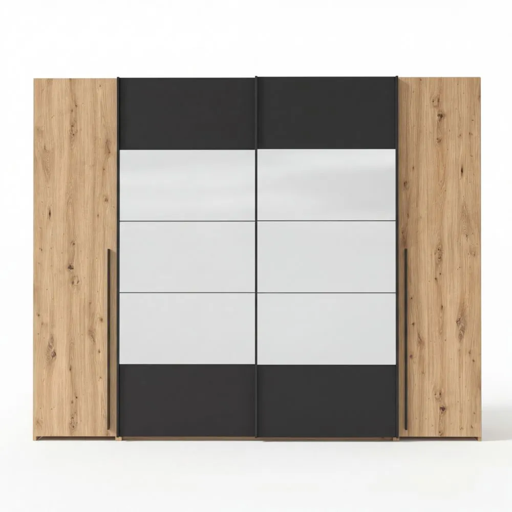 Großer Kleiderschrank mit Spiegel im Industrial Design, Eiche Schwarz, 270 cm