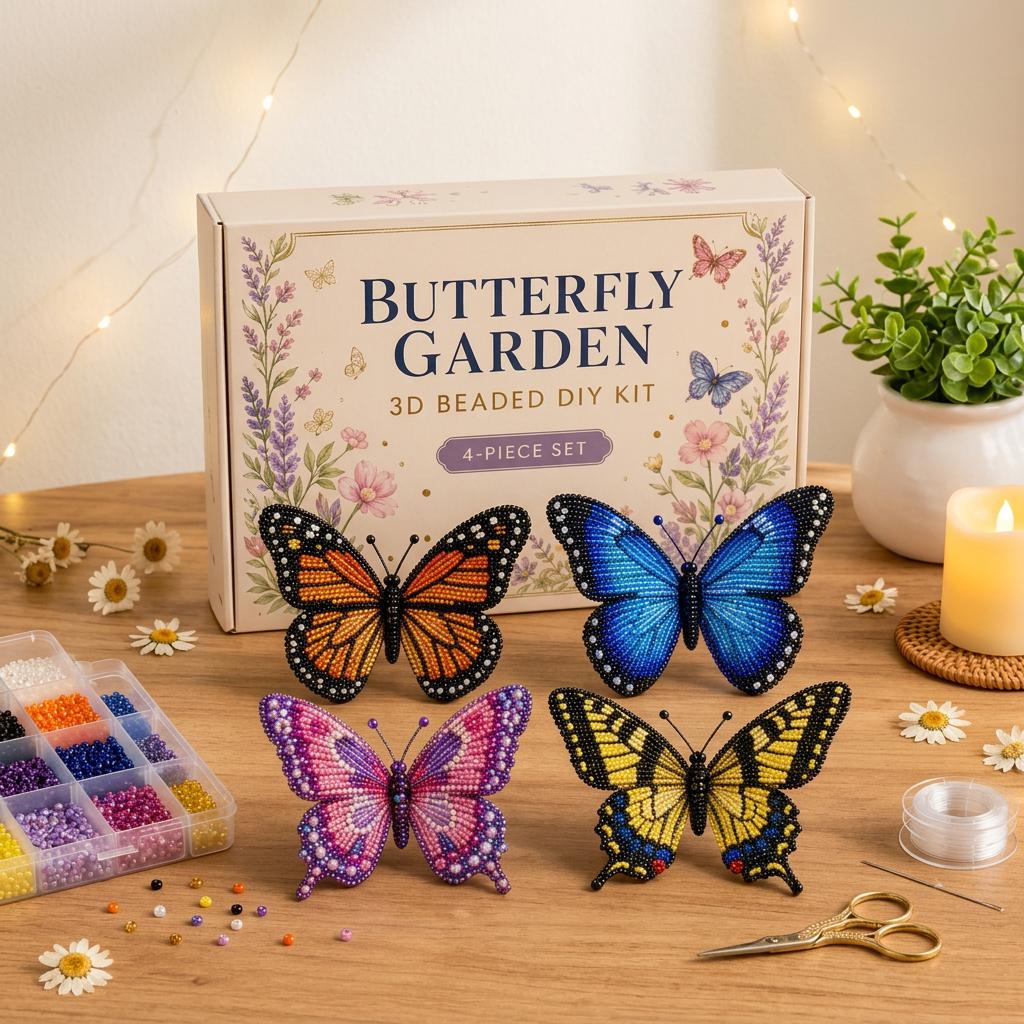 Butterfly Garden 3D Beaded DIY Kit – 4-Piece Butterfly Craft Set for Adults & Teens | Handmade Home Décor & Creative Gift