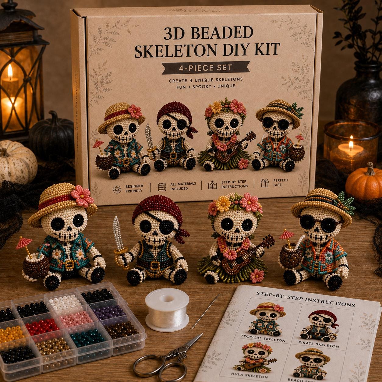 3D Beaded Skeleton DIY Kit 4-Piece Gothic Halloween Craft Set, Beginner Friendly Spooky Skull Bead Making Decor Gift with All Supplies & Step-by-Step Instructions
