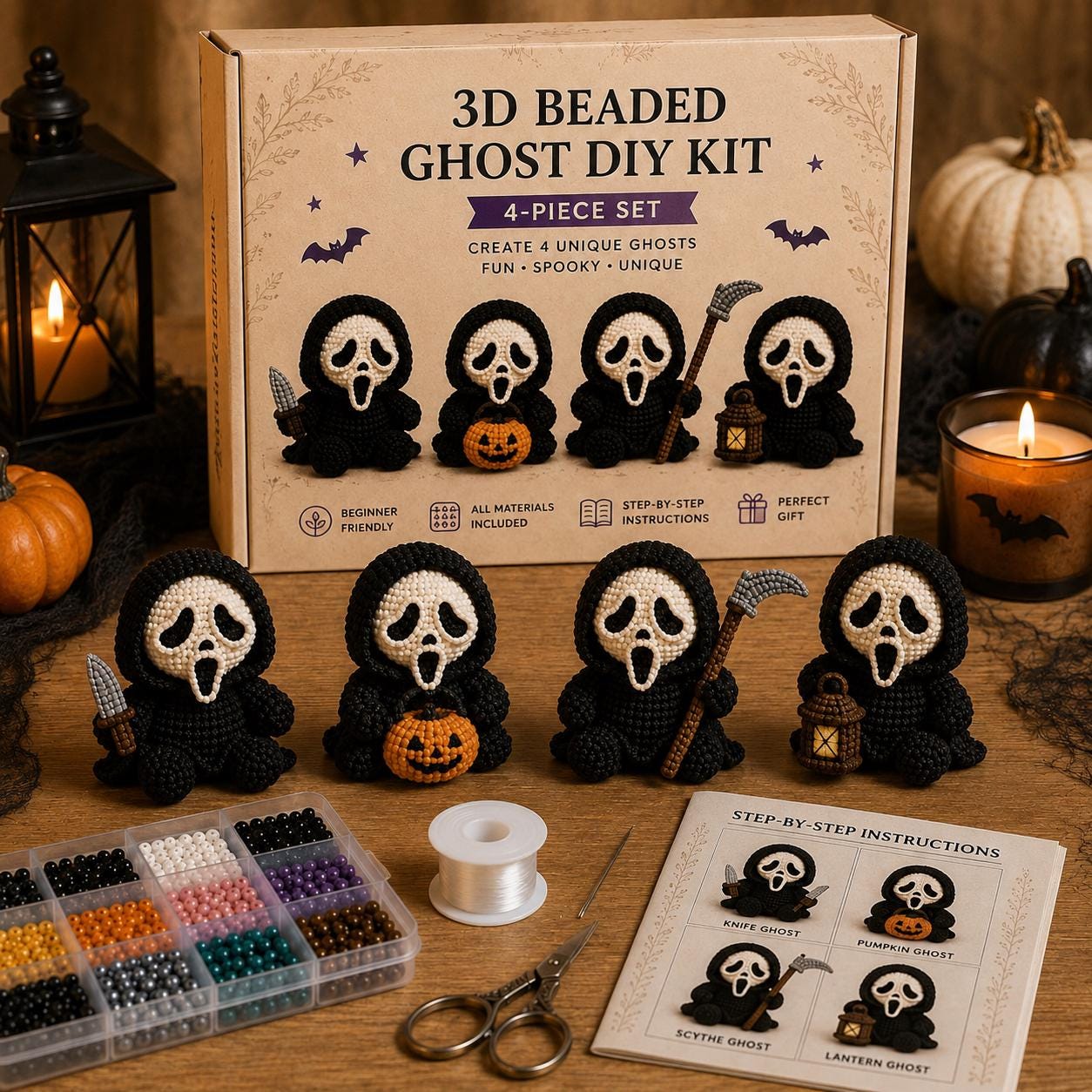 3D Beaded Skeleton DIY Kit 4-Piece Gothic Halloween Craft Set, Beginner Friendly Spooky Skull Bead Making Decor Gift with All Supplies & Step-by-Step Instructions
