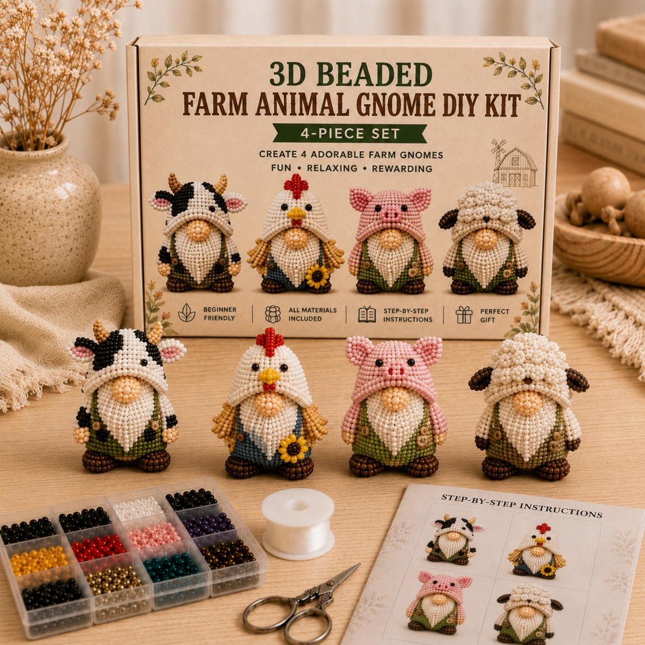 3D Beaded Gardening Gnome DIY Kit – 4-Piece Bead Craft Set for Beginners | Complete DIY Gift Kit