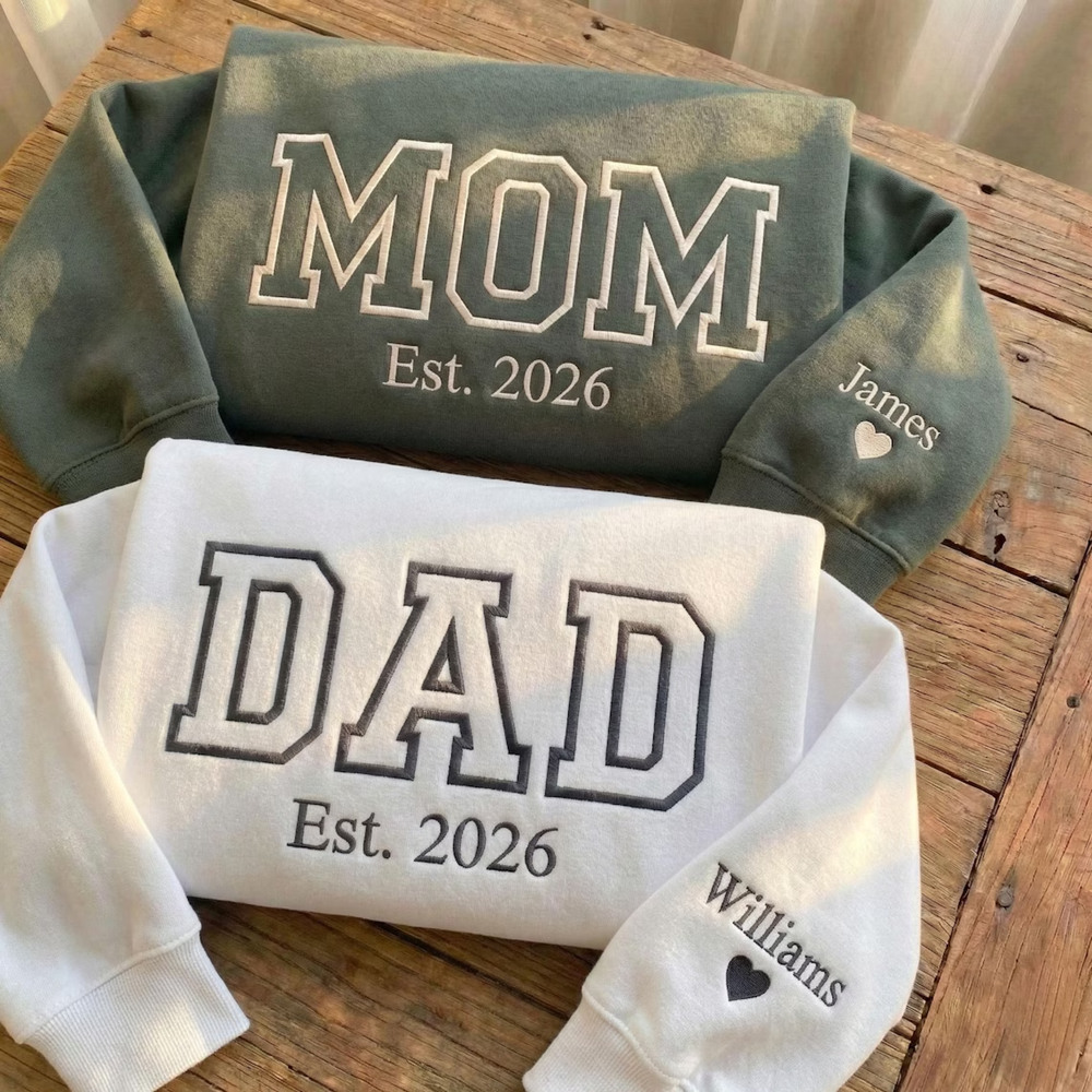 Custom Embroidered Mom Dad Tshirt Sweatshirt Hoodie With Name on Sleeve