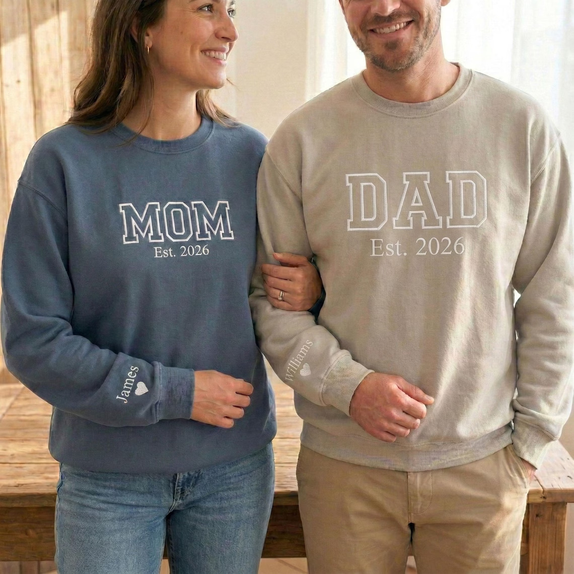 Custom Embroidered Mom Dad Tshirt Sweatshirt Hoodie With Name on Sleeve