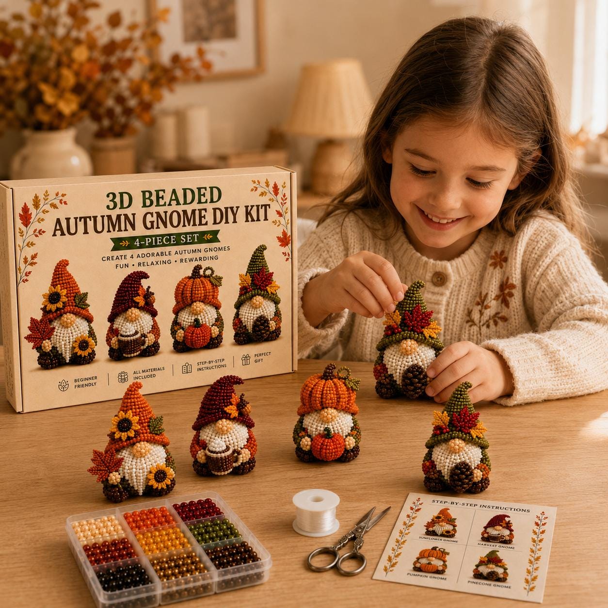 3D Beaded Gardening Gnome DIY Kit – 4-Piece Bead Craft Set for Beginners | Complete DIY Gift Kit