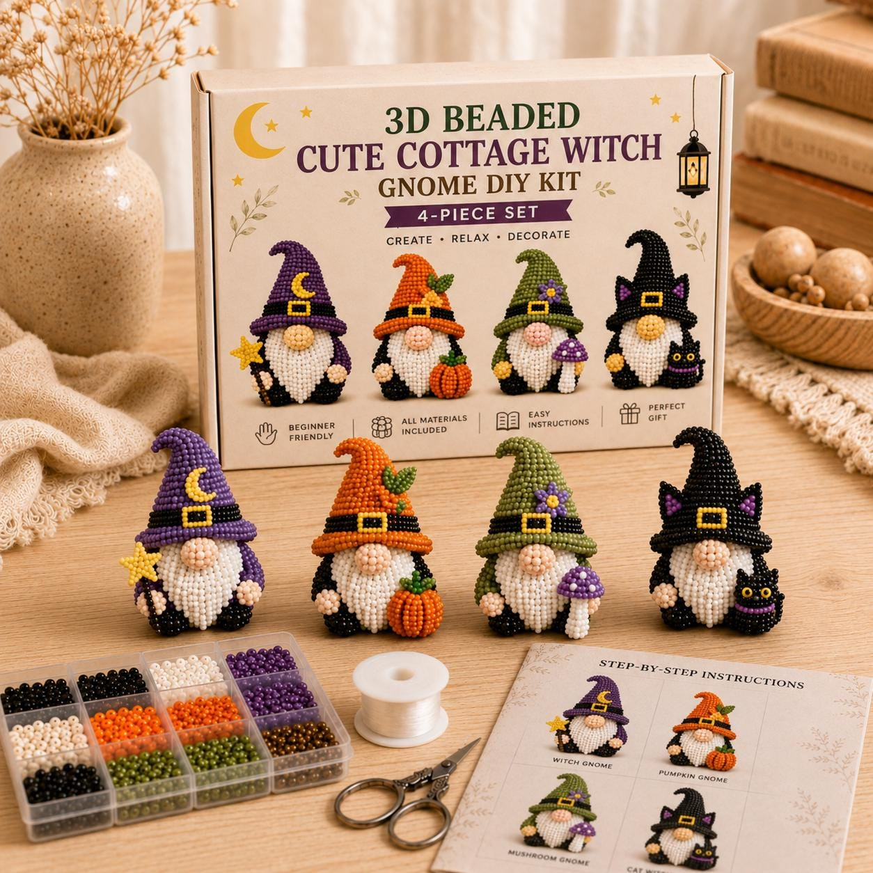 3D Beaded Gardening Gnome DIY Kit – 4-Piece Bead Craft Set for Beginners | Complete DIY Gift Kit