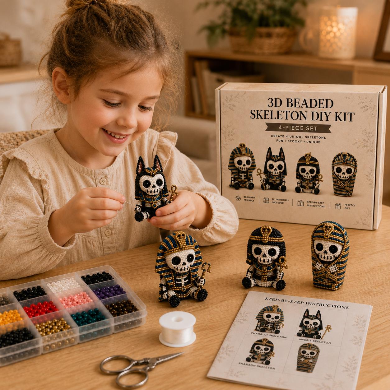 3D Beaded Skeleton DIY Kit | 4-Piece Gothic Skull Beading Set