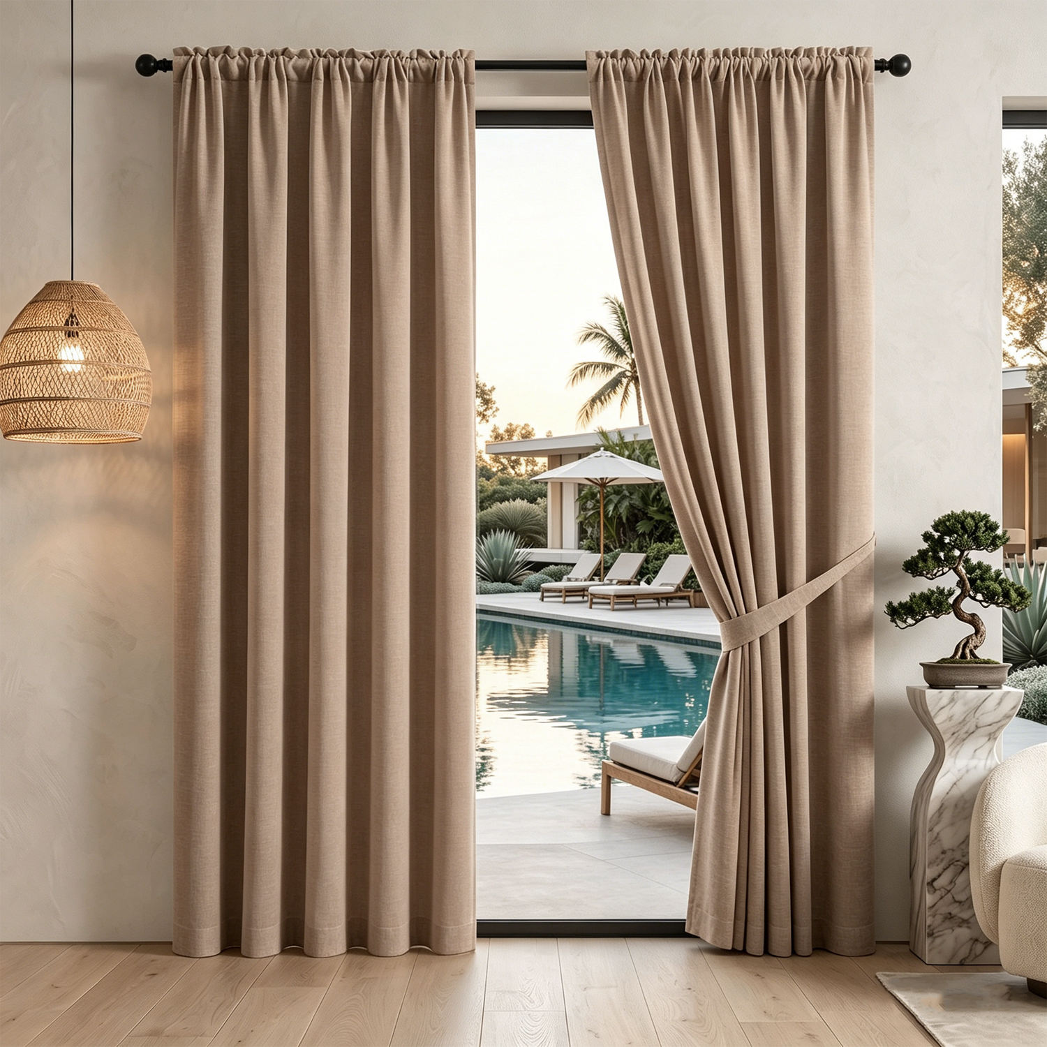 Elegant Three Layer Polyester Linen Curtains Full Light Shading Noise Reducing Privacy Protection Eco Friendly Window Curtains