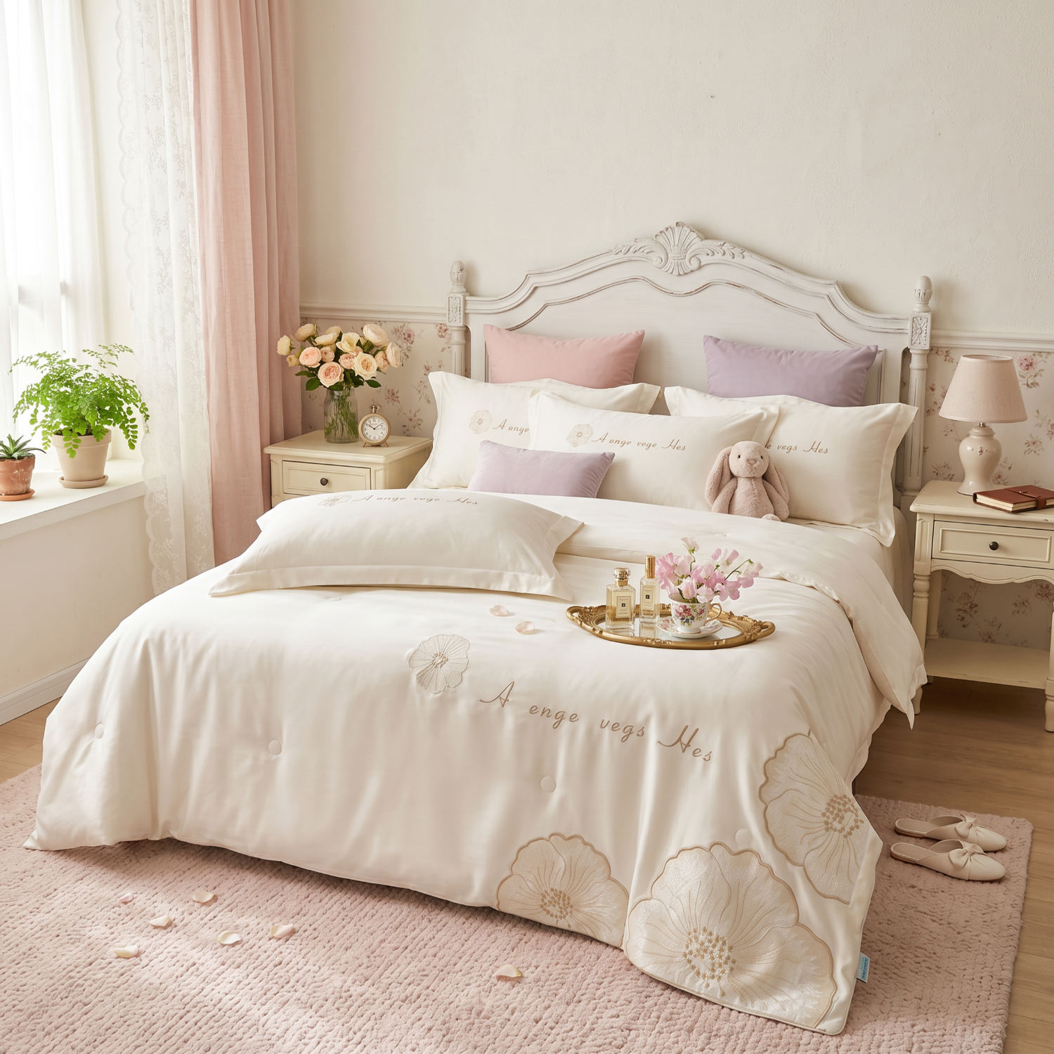 Custom OEM ODM Cool Touch Summer Comforter Set With Flower Embroidery All Season for Hotel Home Bedroom