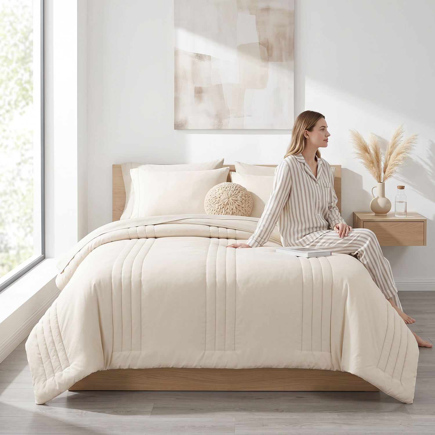 Premium 7 Piece Bed Set OEKO-TEX Certified Vertical Quilting Soft Breathable Wrinkle Resistant Bedding Set for Home Hotel