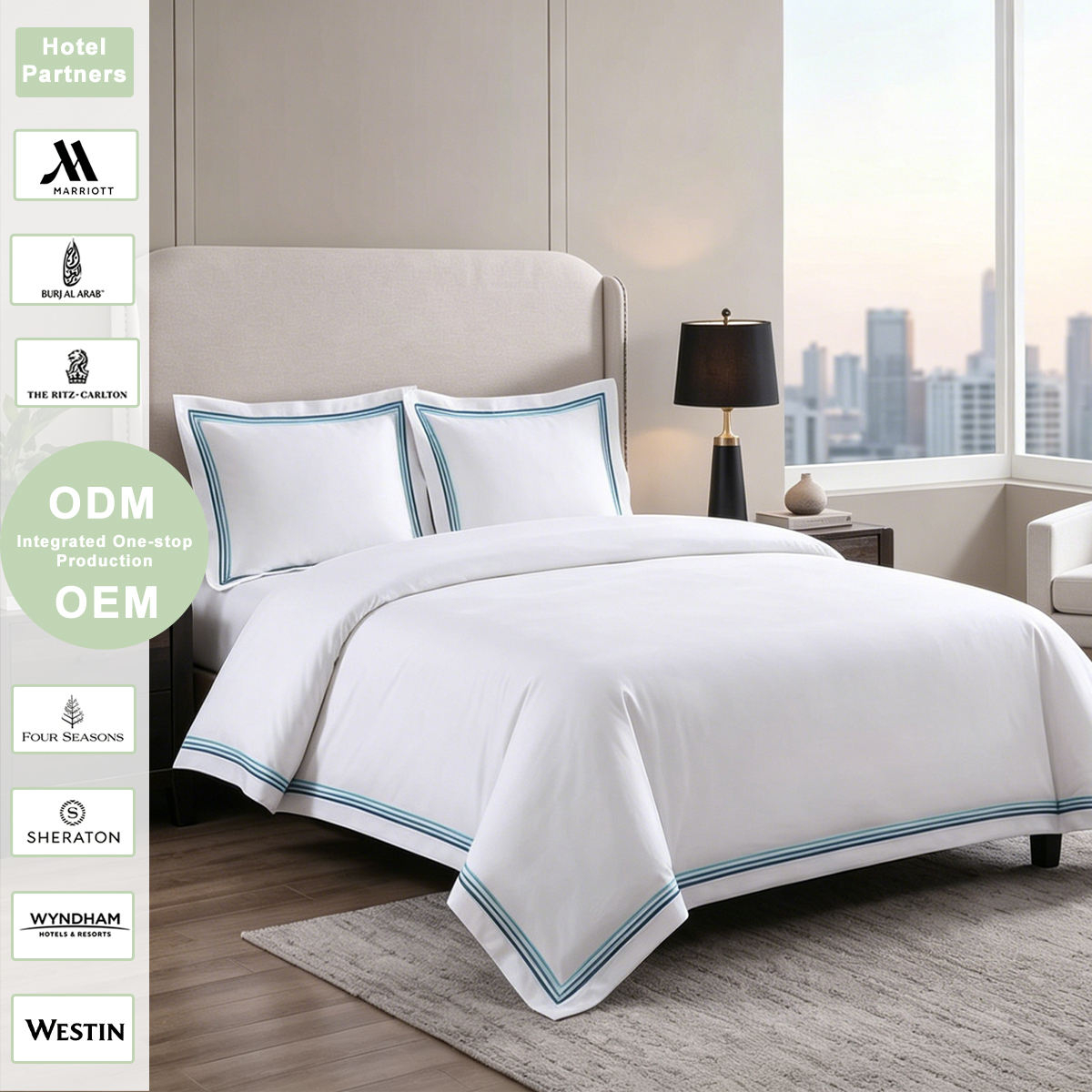 Custom OEM ODM 5 Star Hotel Bedding Set 100% Cotton Embroidery Multi Color Border Solid White Wholesale 5 Star Luxury Use