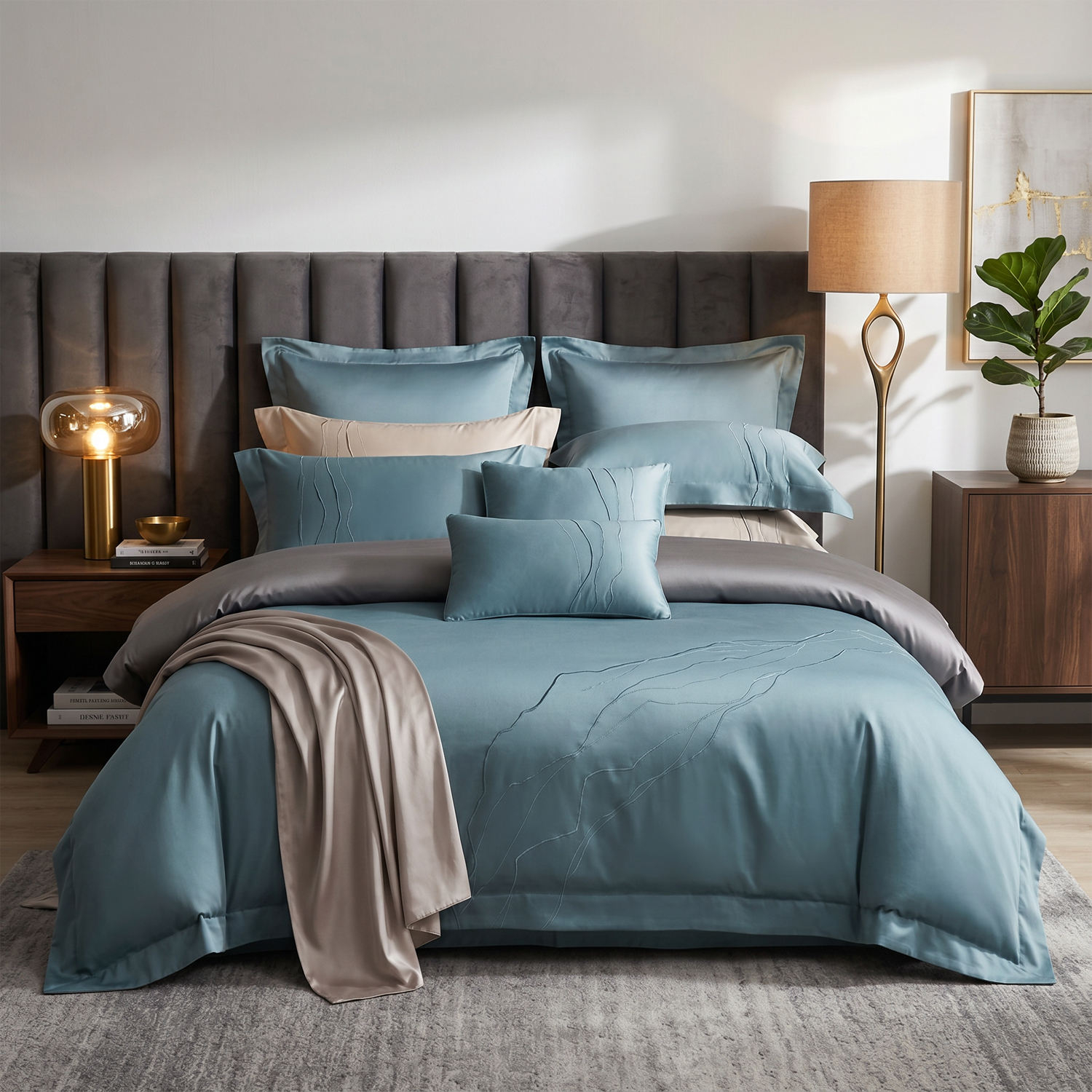 Factory New Style Custom OEM ODM 700TC Egyptian Cotton Bedding Set Four Piece Marble Lines Embroidery Luxury Wholesale