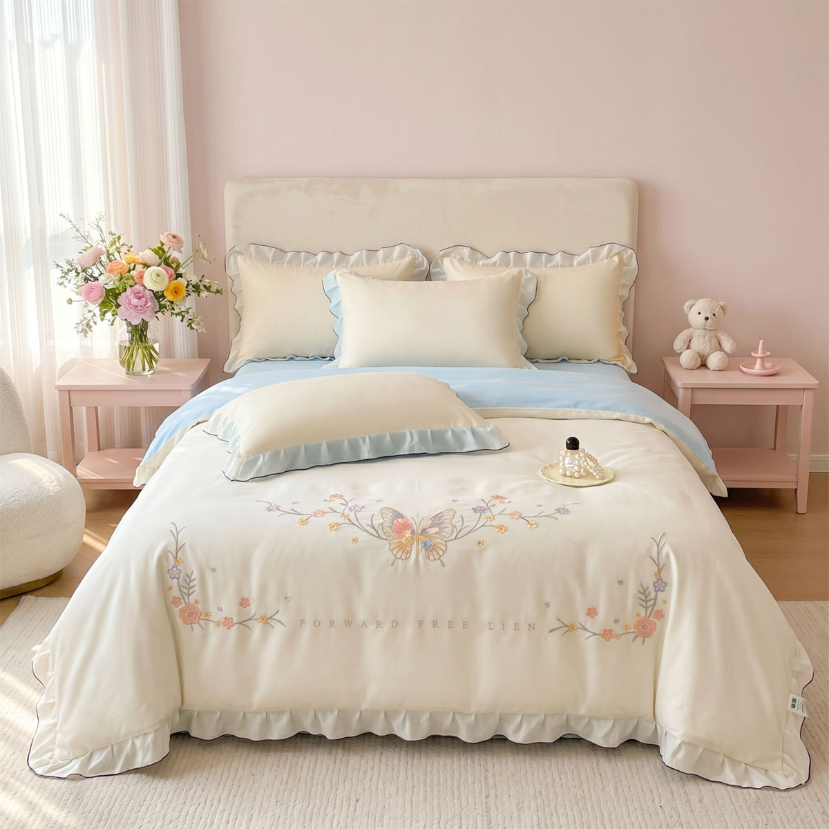 Custom OEM ODM Wholesale Skin Friendly Lyocell Cooling Summer Quilt Set 4pcs Butterfly Embroidery Ruffle Design for Hotel Home
