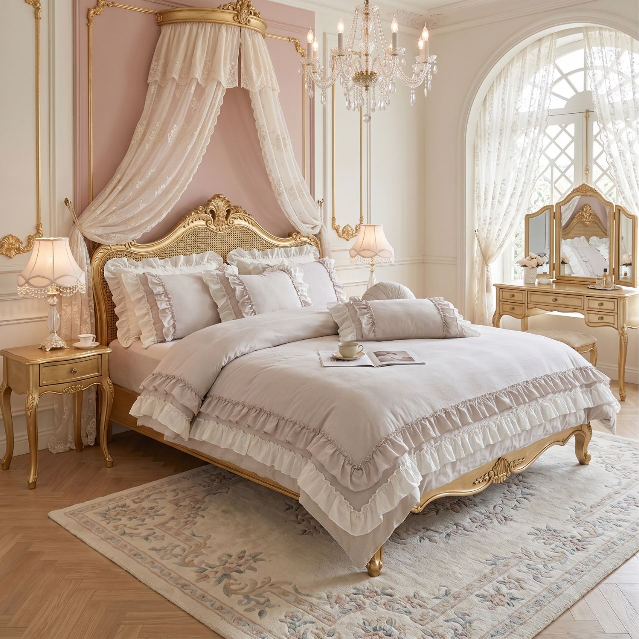 Custom OEM ODM Palace Style Ruffle Double Layer Bedding Set 200TC Reactive Dyed for Wedding Hotel Home