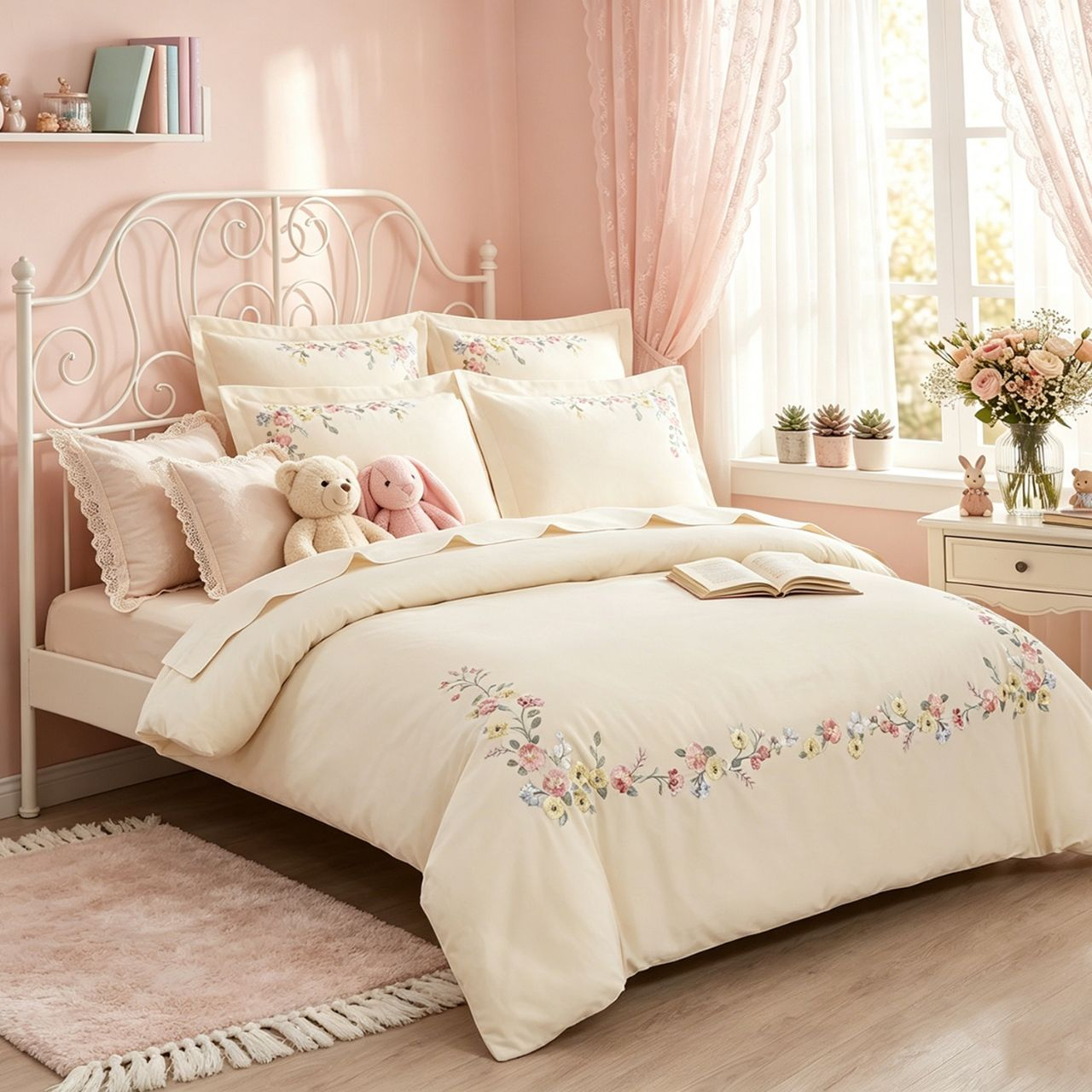 OEM ODM Wholesale All Season Pastoral Style Floral Embroidery Bedding Set Breathable Cotton for Home Bedroom Use