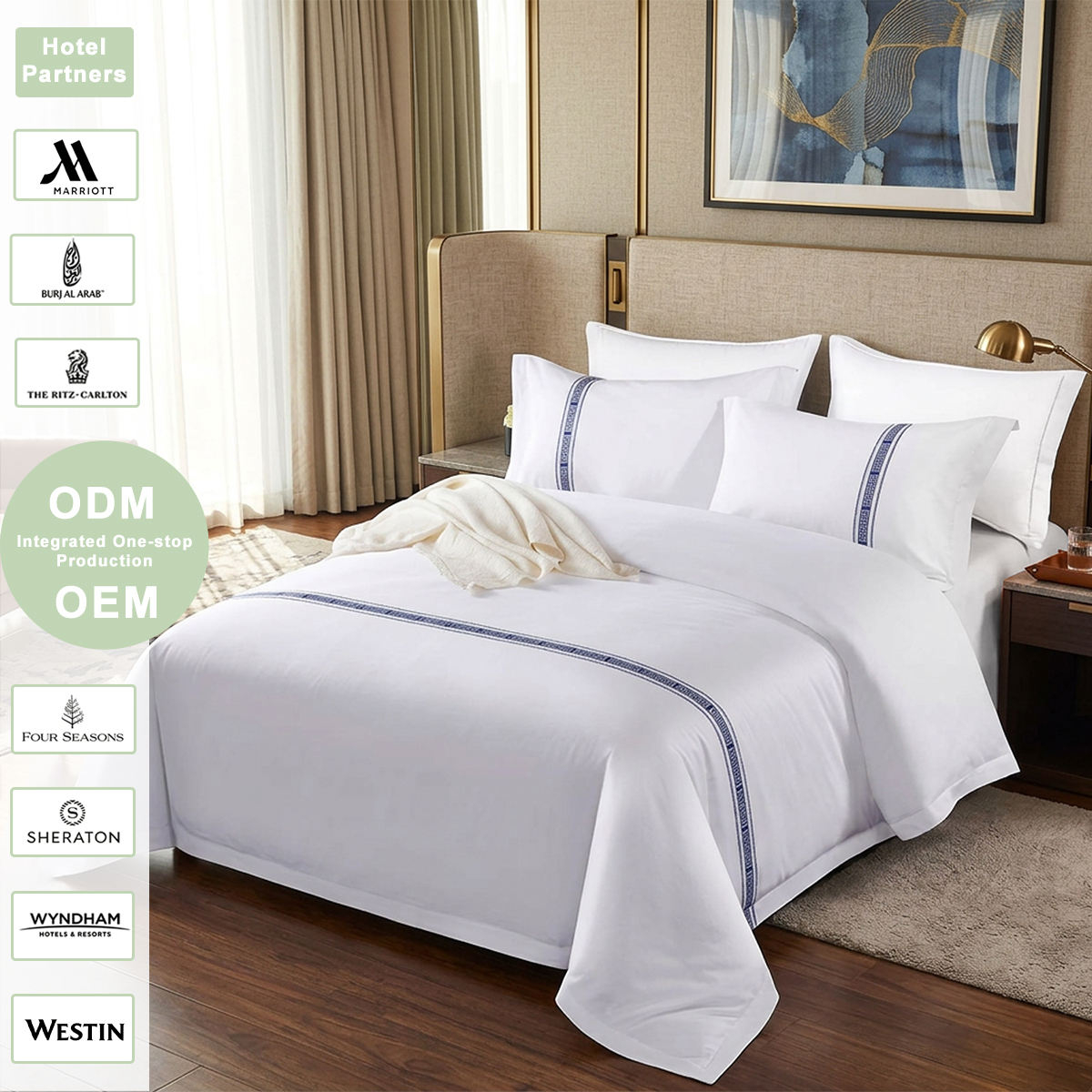 Custom OEM ODM 100% Cotton Hotel Bedding Set With Embroidery Trim Skin Friendly Breathable Durable for Hotel Homestay Bedroom