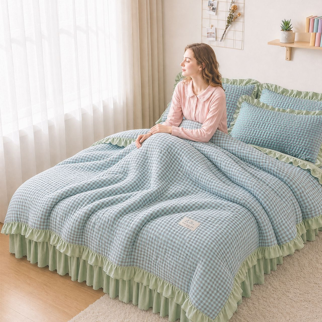 Made of premium washed cotton fabric with high weight process, ultra soft and skin-friendly touch, breathable and moisture-wicking, comfortable for all seasons without stuffiness. Adopts exquisite embroidery craftsmanship with decorative ruffle trim desig