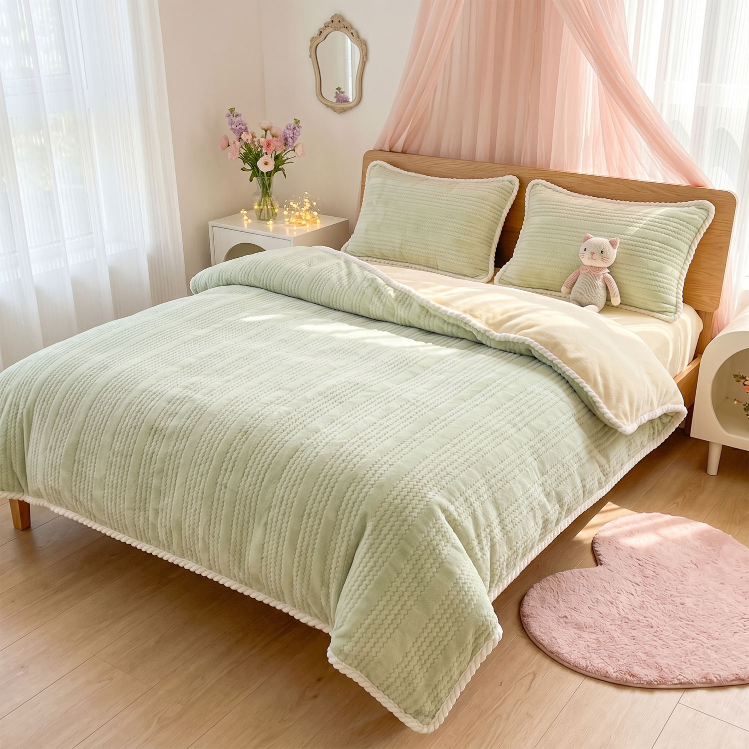 Wholesale Premium Double Sided Coral Fleece Bedding Set Knitted Texture Soft Warm Flannel Duvet Cover Set for Winter Bedroom Use