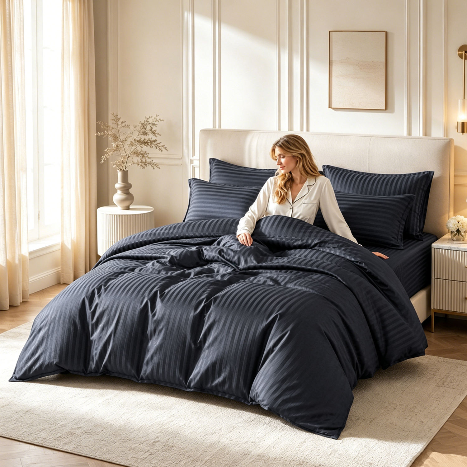 New Arrive Premium 6pcs Stripe Embossed Microfiber Sheet Set Soft Cooling Breathable Wrinkle Resistant Hotel Style Bedding Set