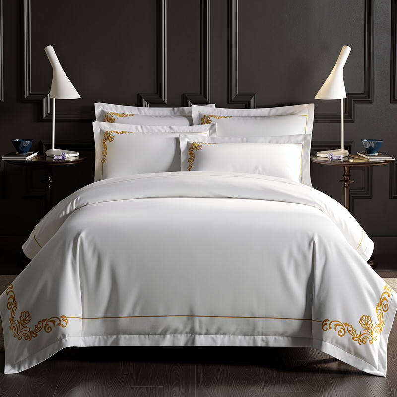 Custom 5 Star Hotel Embroidered Bedding Set Luxury Gold Embroidery Premium Fabric for Bedroom Hotel OEM ODM