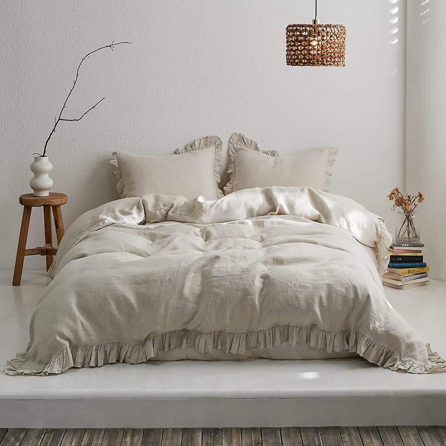 100% Washed French Linen Polyester Duvet Cover Set Premium Ruffled Farmhouse Bedding Natural Flax High End Frill Sets