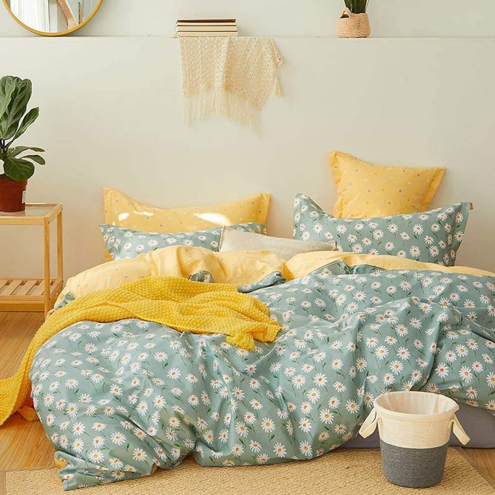King Size 100% Cotton Daisy Floral Duvet Cover Set Super Soft Flower Pattern Bedding Set with 2 Pillowcases
