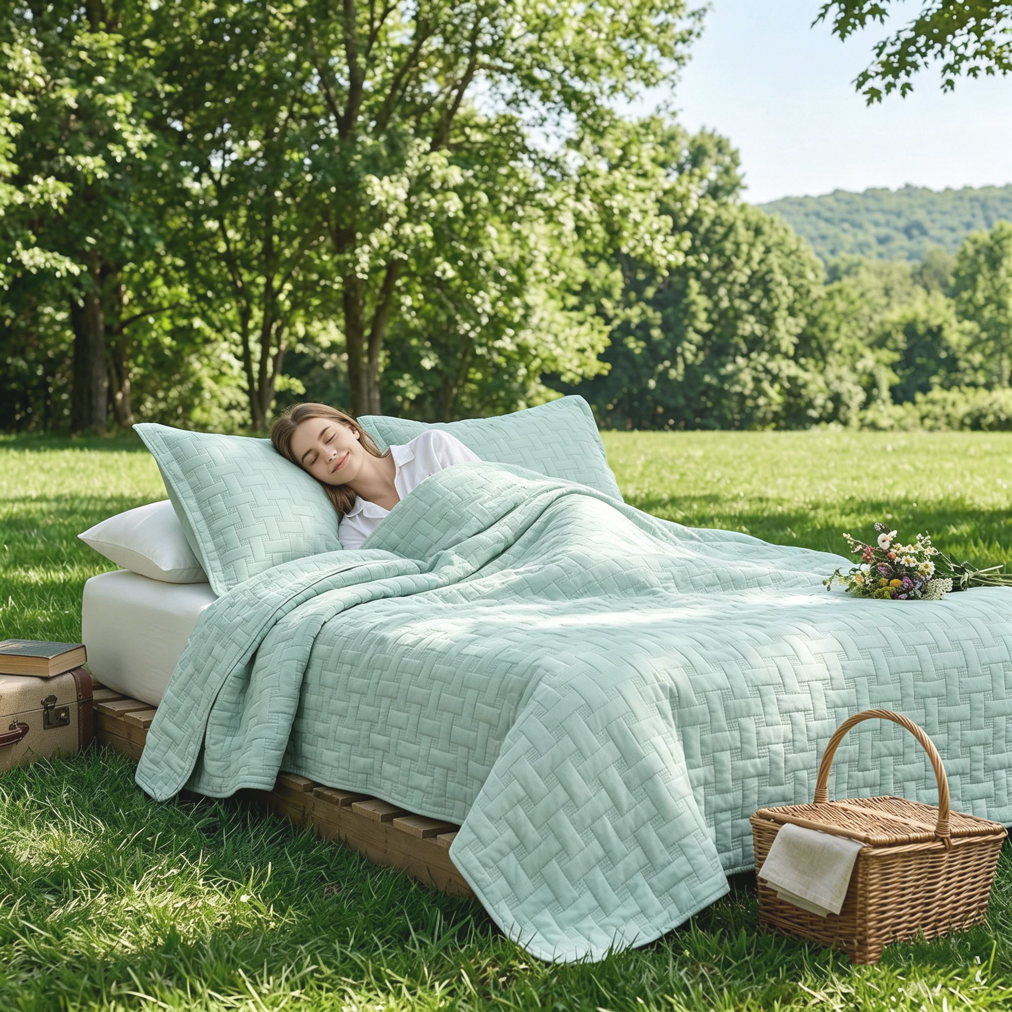 The Bedspread Features a Fresh Light Green Tone and Classic Quilted Pattern Striped Perfect for Romantic Bedroom Decor OEM ODM