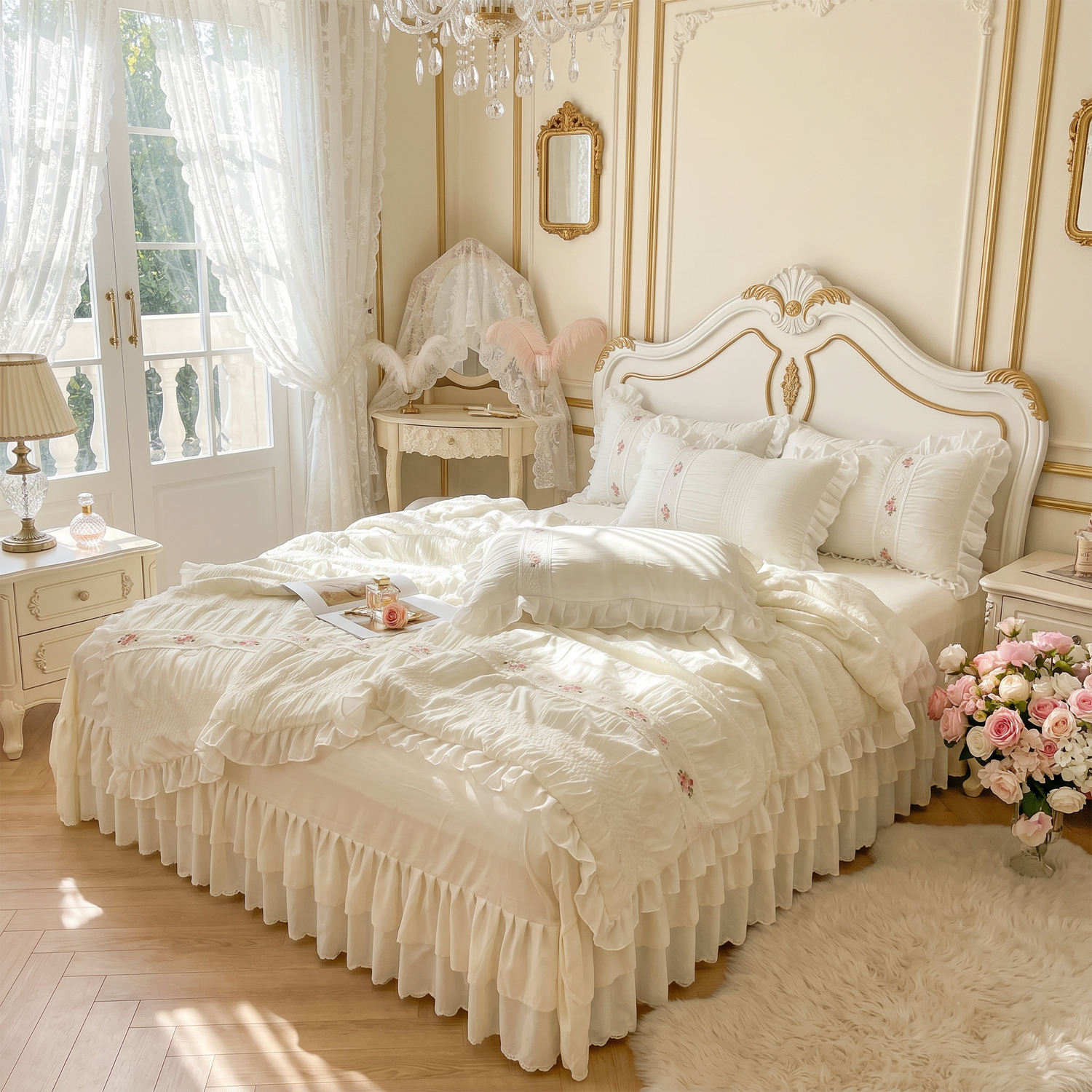 Custom OEM ODM French Style Princess Wind Washed Cotton Four Piece Bed Skirt Set With Embroidery for Summer Home Bedroom