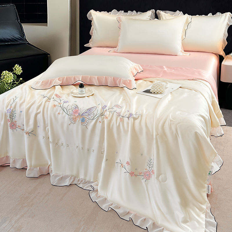 Custom OEM ODM Wholesale Skin Friendly Lyocell Cooling Summer Quilt Set 4pcs Butterfly Embroidery Ruffle Design for Hotel Home