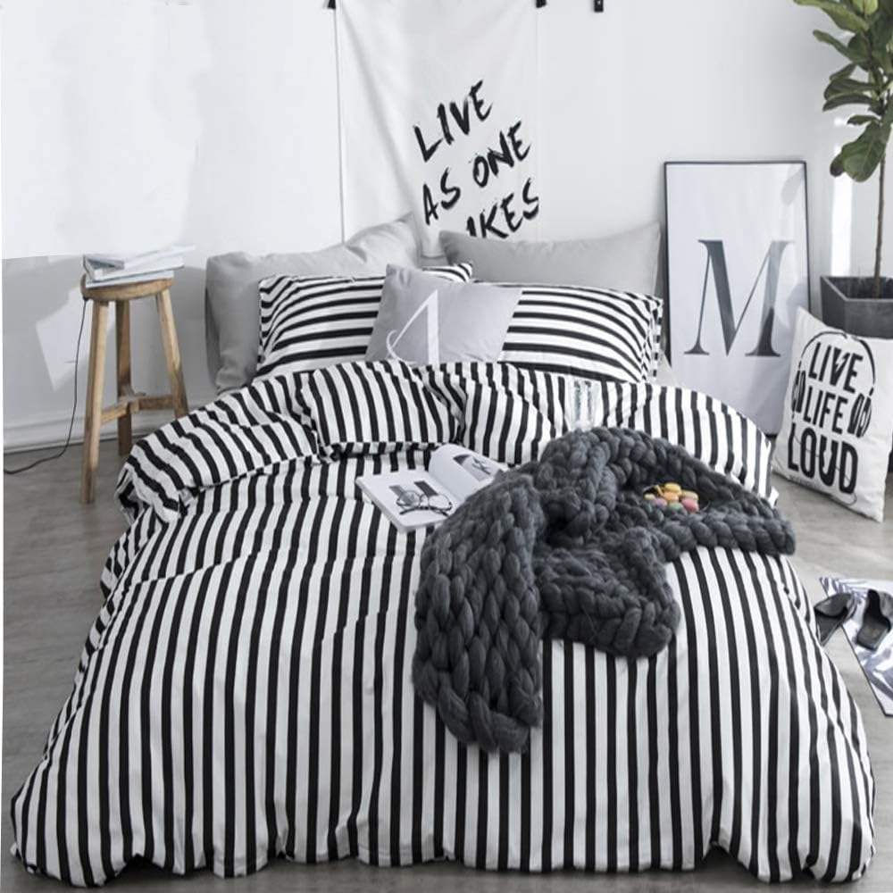 New Arrive Custom OEM ODM Queen Size Black White Striped 100 Cotton Duvet Cover Set for Home Hotel Wholesale Bedding Set