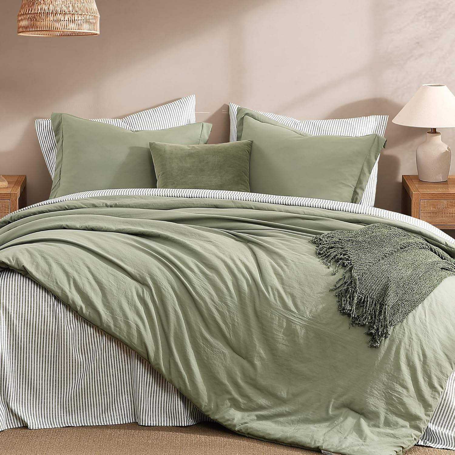 Custom 7 Pieces Olive Green Solid Comforter Set Bed In A Bag Design Washed Microfiber All Season for Bedroom Home OEMODM