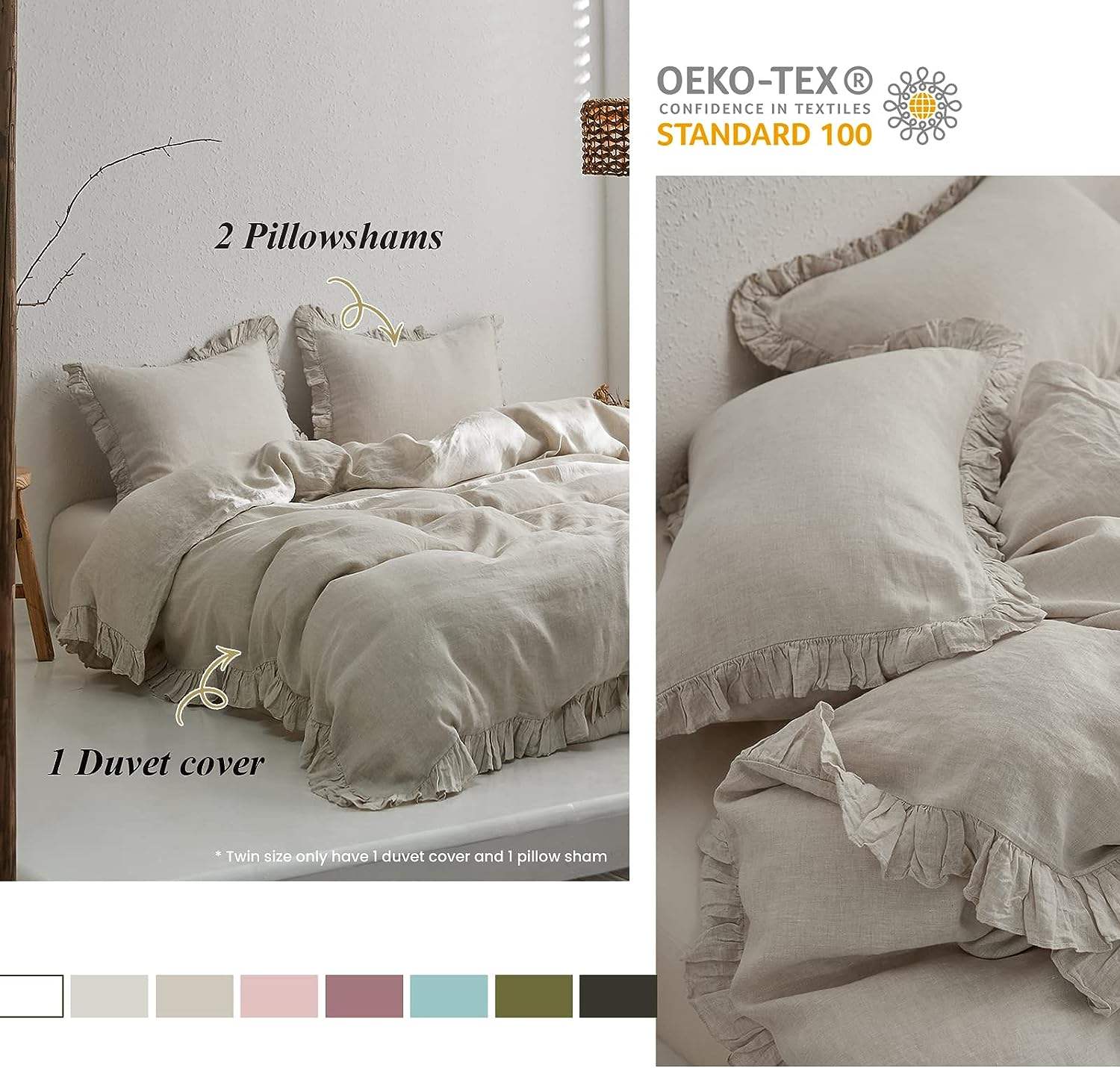 100% Washed French Linen Polyester Duvet Cover Set Premium Ruffled Farmhouse Bedding Natural Flax High End Frill Sets