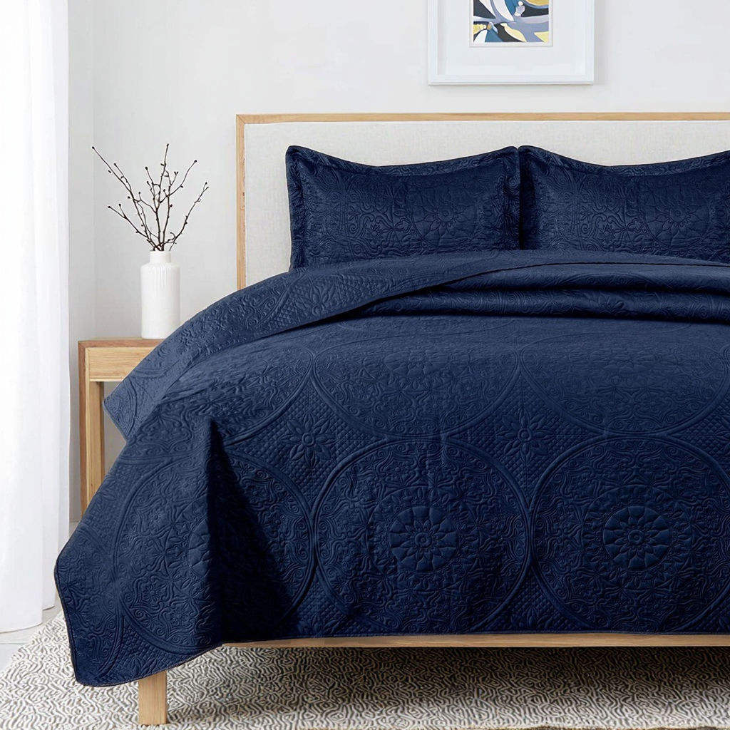 Navy Blue Jacquard Quilted Bedspread Set Three Piece Hotel Quality Breathable Fabric Double Bed Cover Home Bedroom Decor