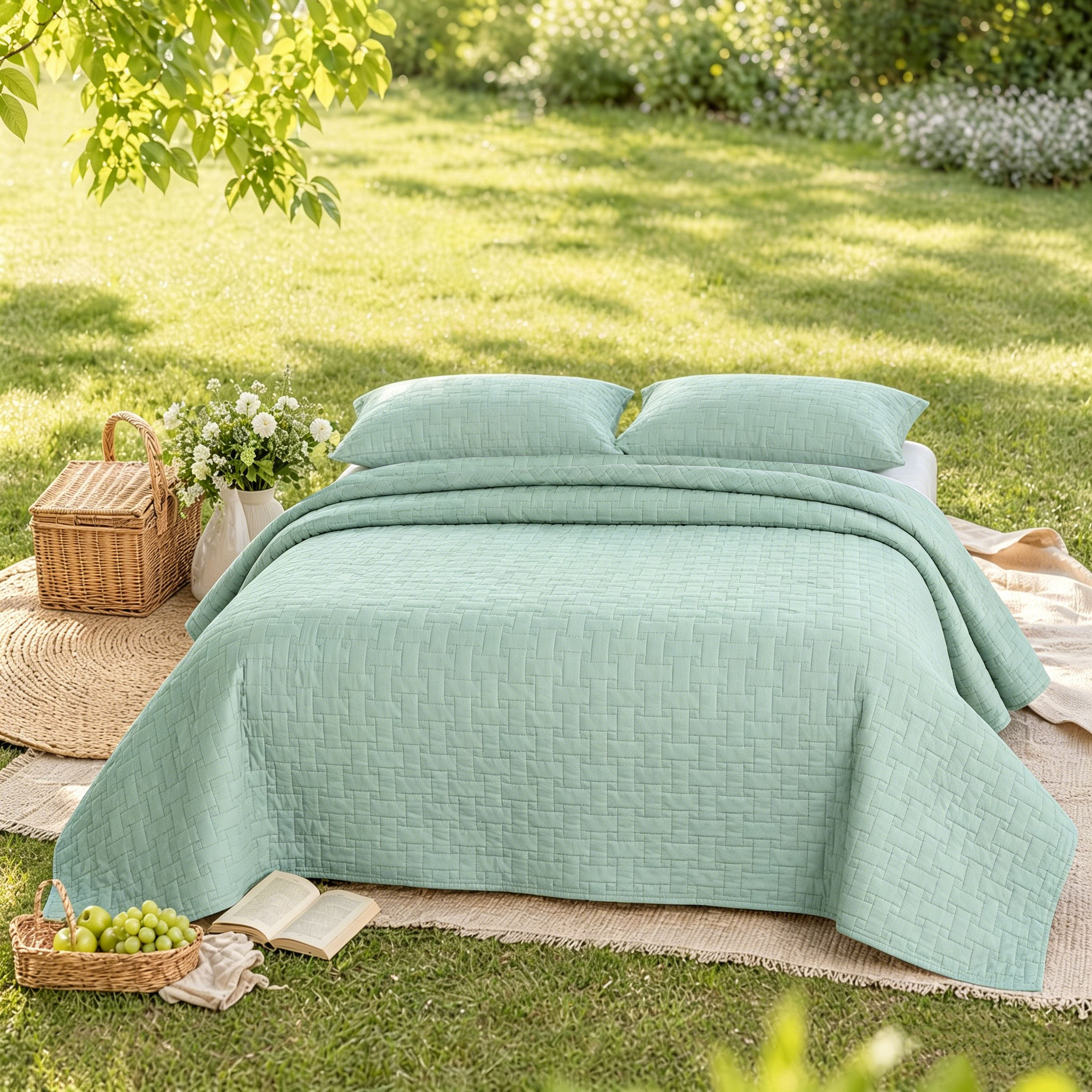 The Bedspread Features a Fresh Light Green Tone and Classic Quilted Pattern Striped Perfect for Romantic Bedroom Decor OEM ODM