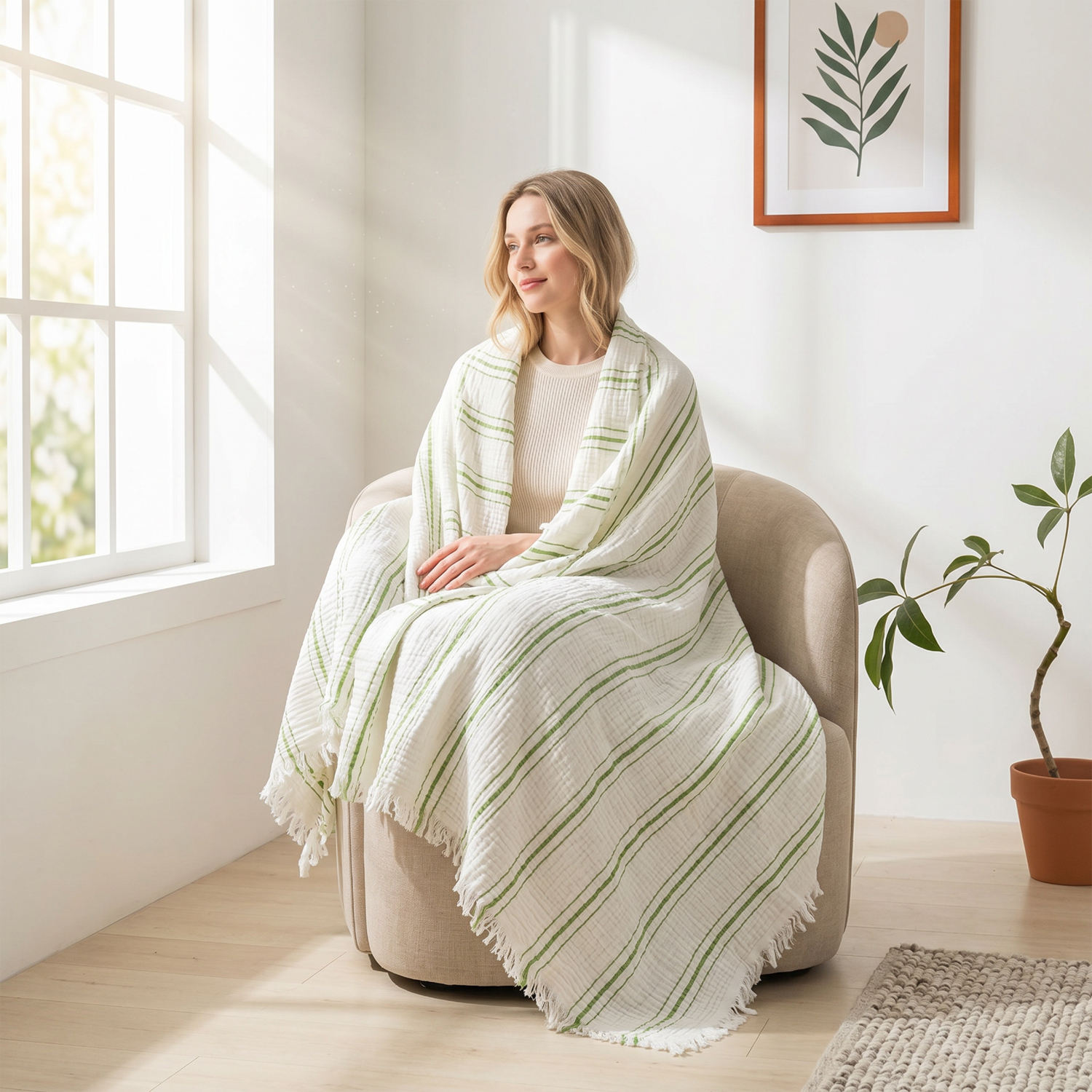 Wholesale White Green Striped Throw Blanket with Tassels Soft Breathable Woven Fabric for Sofa and Home Decor OEM ODM