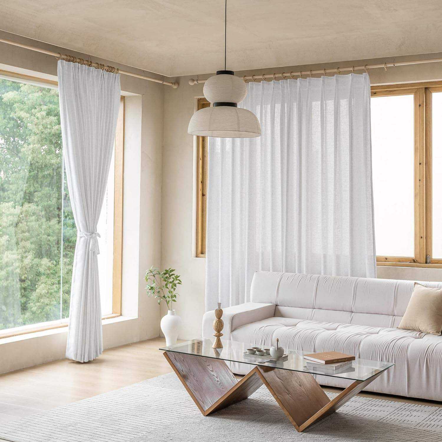Lightweight White Linen Look Curtains Breathable Flax Fabric Customizable Polyester for Home and Hotel Use OEM ODM