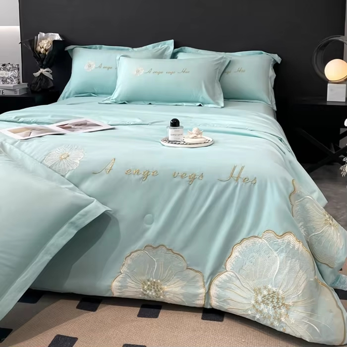 Custom OEM ODM Cool Touch Summer Comforter Set With Flower Embroidery All Season for Hotel Home Bedroom