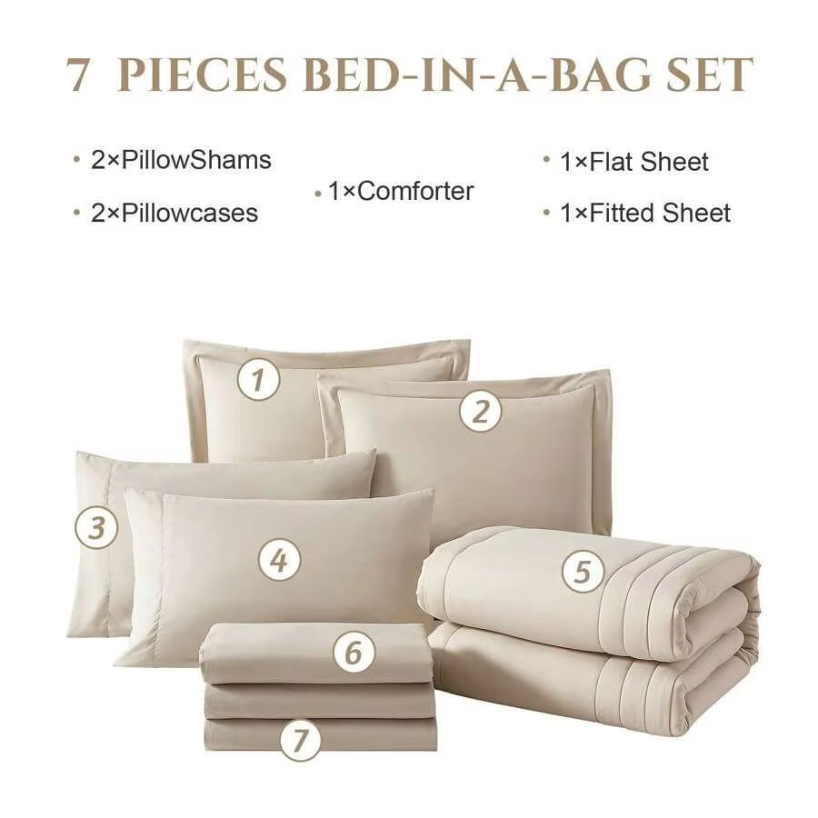 Premium 7 Piece Bed Set OEKO-TEX Certified Vertical Quilting Soft Breathable Wrinkle Resistant Bedding Set for Home Hotel