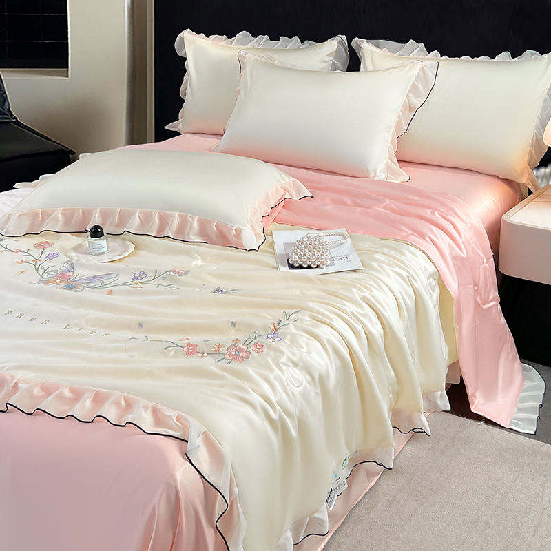 Custom OEM ODM Wholesale Skin Friendly Lyocell Cooling Summer Quilt Set 4pcs Butterfly Embroidery Ruffle Design for Hotel Home