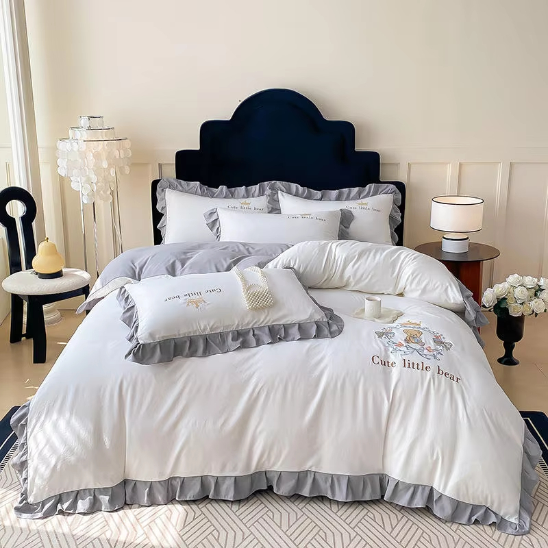 Premium French Style Washed Cotton Bedding Set Ultra Soft Breathable Embroidered Ruffle Trim Bed Set for Home Hotel Decoration