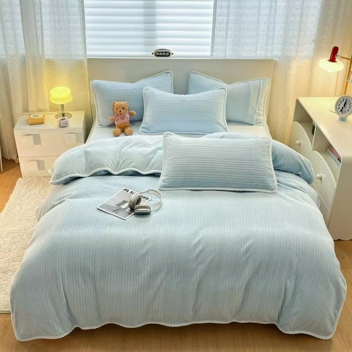 Wholesale Premium Double Sided Coral Fleece Bedding Set Knitted Texture Soft Warm Flannel Duvet Cover Set for Winter Bedroom Use