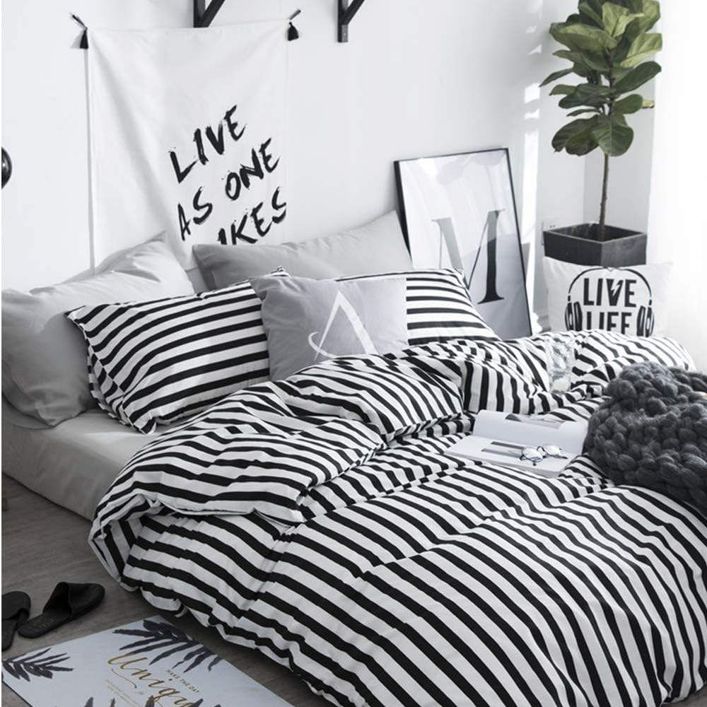 New Arrive Custom OEM ODM Queen Size Black White Striped 100 Cotton Duvet Cover Set for Home Hotel Wholesale Bedding Set