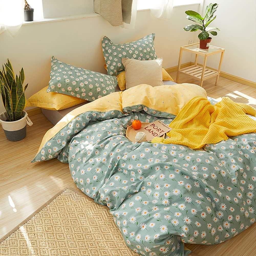 King Size 100% Cotton Daisy Floral Duvet Cover Set Super Soft Flower Pattern Bedding Set with 2 Pillowcases
