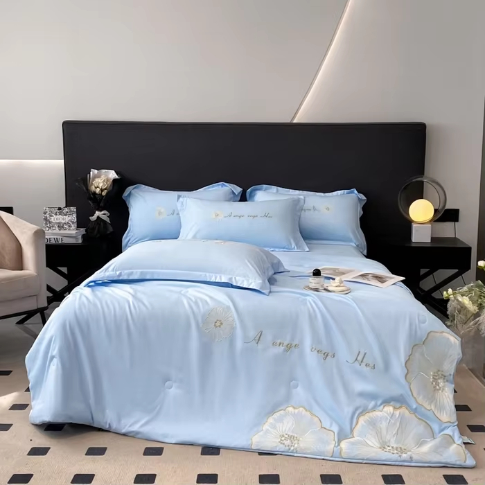 Custom OEM ODM Cool Touch Summer Comforter Set With Flower Embroidery All Season for Hotel Home Bedroom